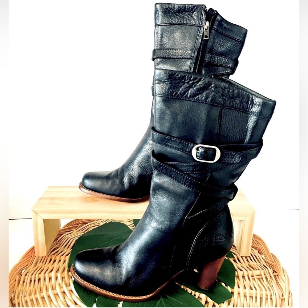 UGG Caroline Black Leather Strappy High Heel Boots Side Zipper Size 8